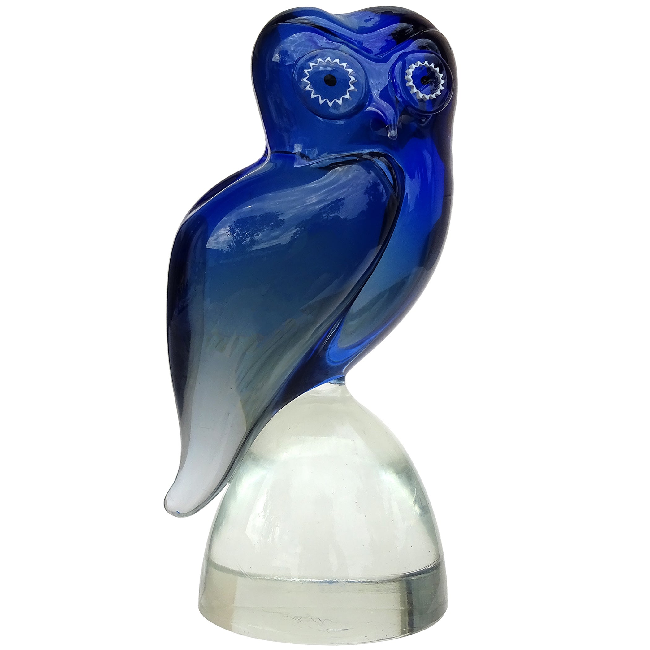 Salviati Murano Glass Sommerso Blu Cobalto Figura di Uccello Gufo in Vetro Artistico Italiano Scultura