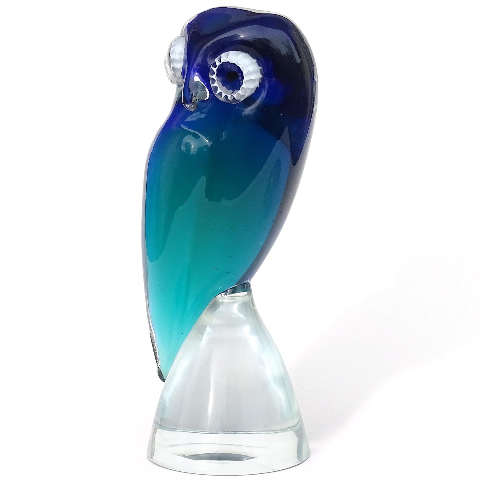 Mid-Century Modern Salviati Murano Sommerso Cobalt Blue Teal Italian Art Glass Owl Bird Sculpture