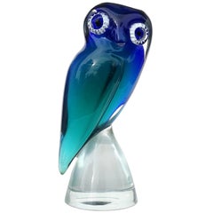 Vintage Salviati Murano Sommerso Cobalt Blue Teal Italian Art Glass Owl Bird Sculpture