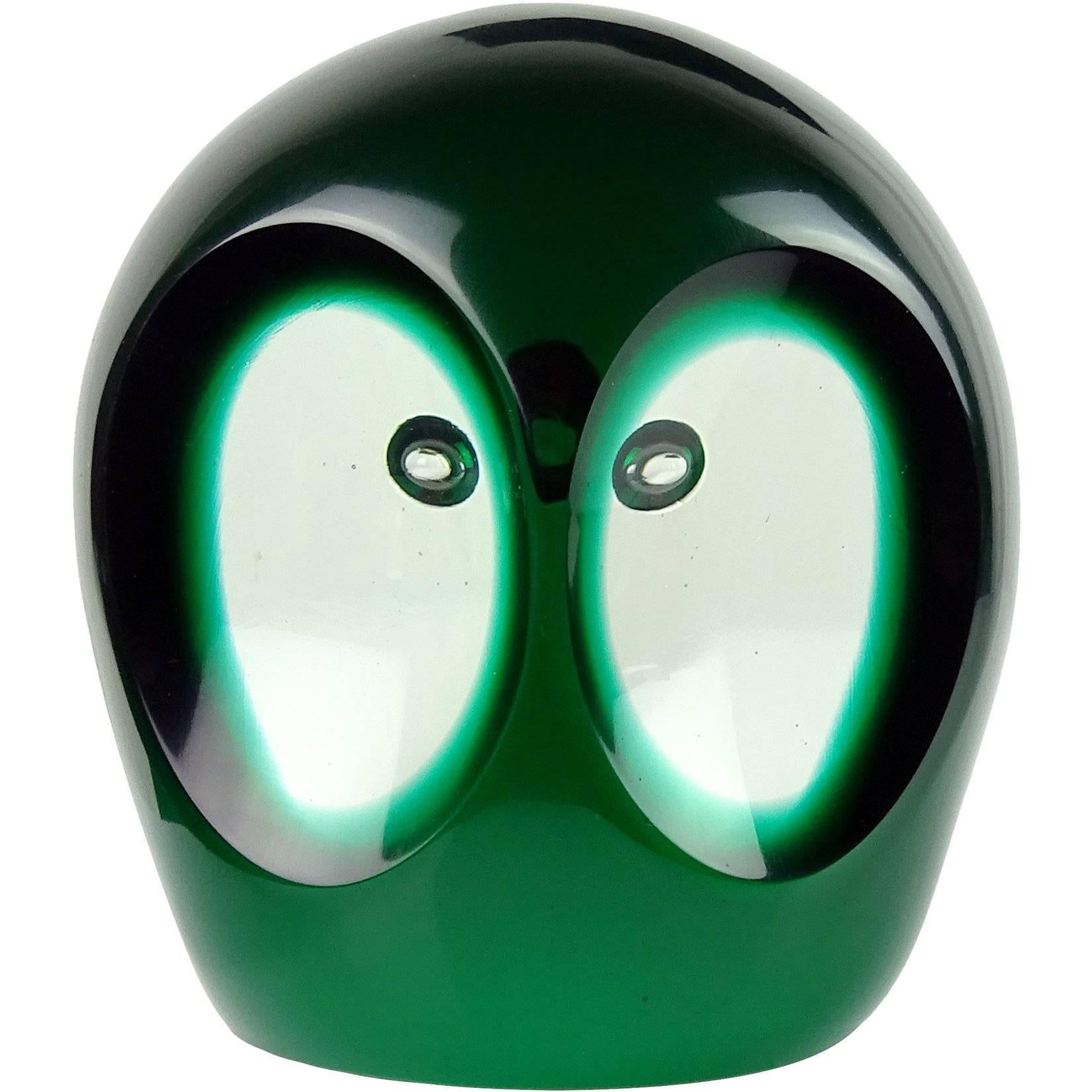 Salviati Murano Sommerso Dark Green Italian Art Glass Owl Figure Paperweight