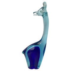 Salviati, Murano Glass Sommerso, Escultura Jirafa Azul Cobalto y Uranio