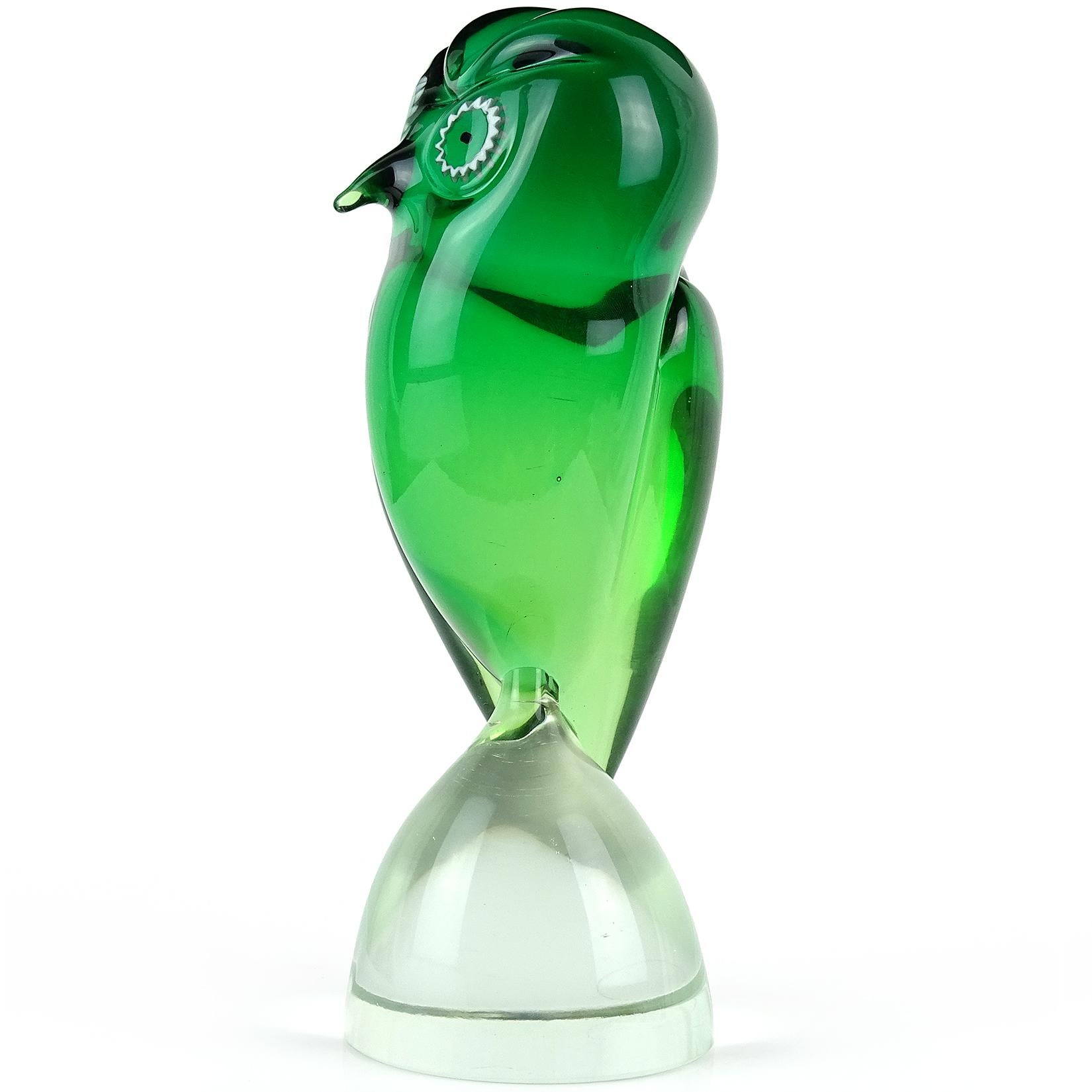 Mid-Century Modern Salviati Murano Sommerso Green Murrine Eye Italian Art Glass Owl Bird Sculpture