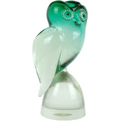 Salviati Murano Sommerso Green Murrine Eye Italian Art Glass Owl Bird Sculpture