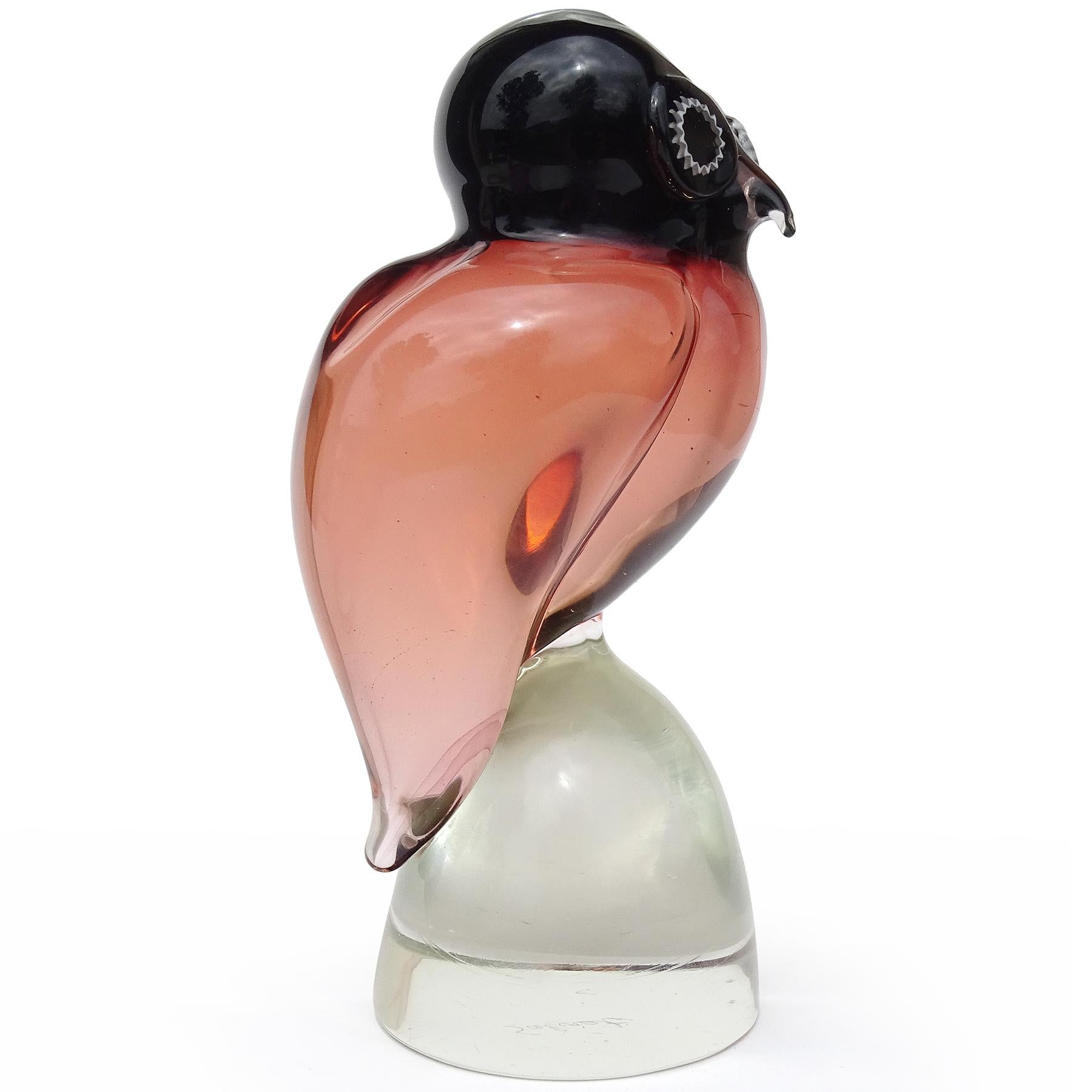 Mid-Century Modern Salviati Murano Sommerso Merlot Red Peach Italian Art Glass Owl Bird Sculpture For Sale