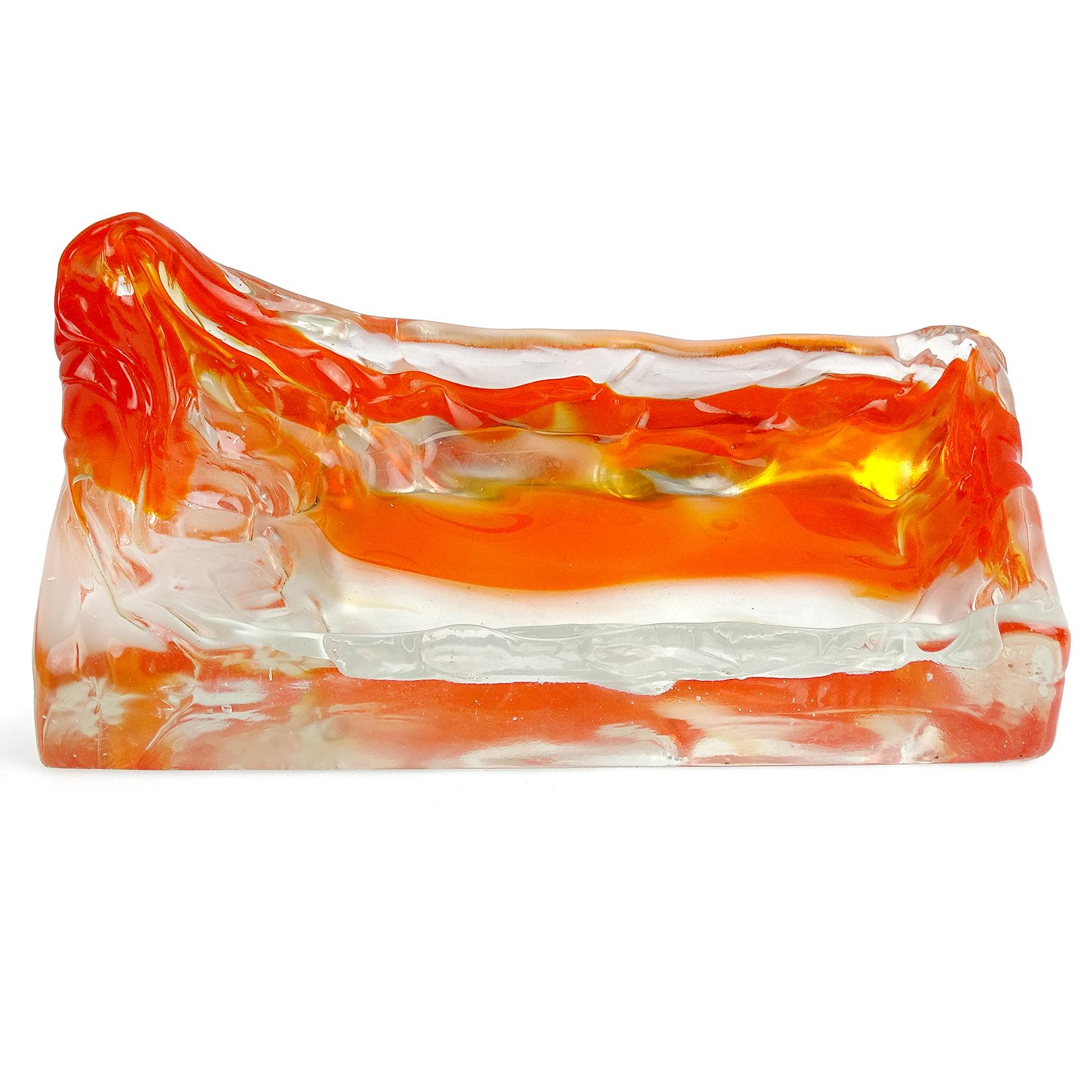 Murano handblown Sommerso red orange and clear Italian art glass bowl / tray. Documented to the Salviati company. This bowl is reminiscent of a mountain volcano with flowing lava. Unusual piece. Measures 9 1/4