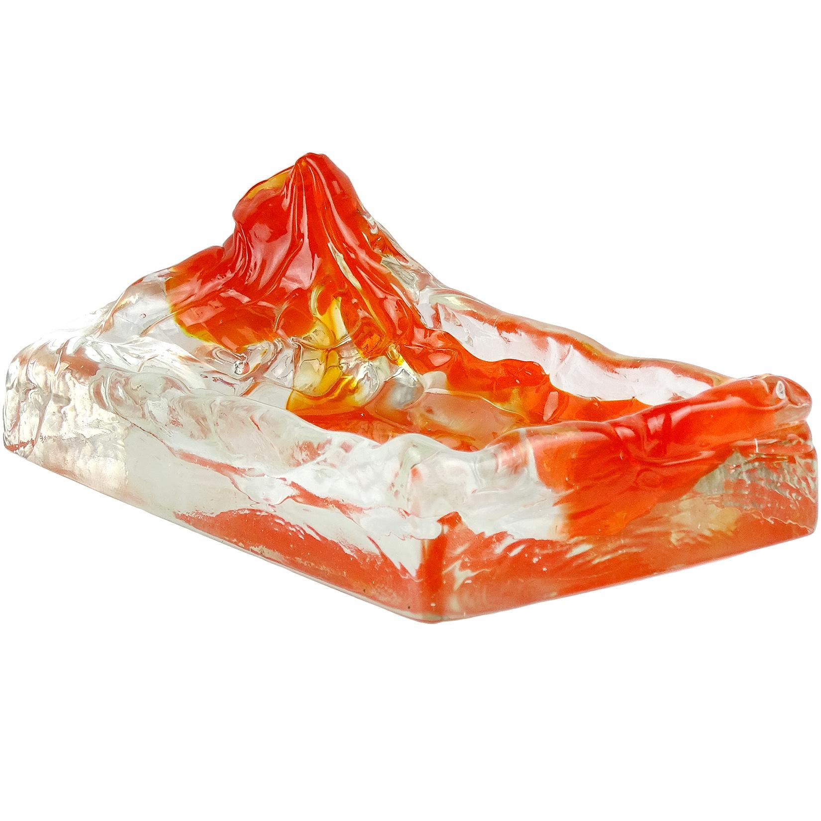 Salviati Murano Sommerso Red Orange Mountain Volcano Italian Art Glass Bowl Tray