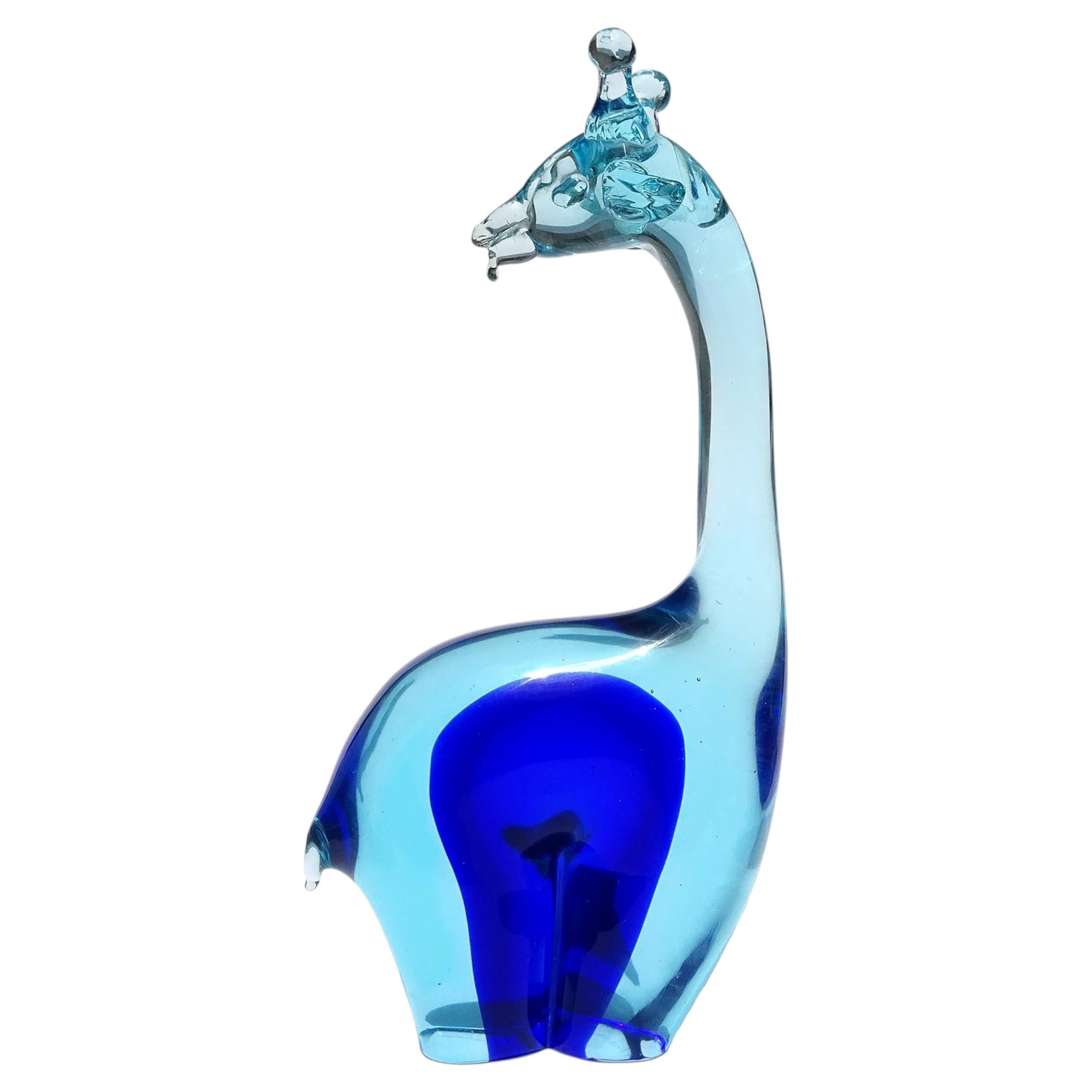 Salviati Murano Sommerso Sky Sapphire Blue Italian Art Glass Giraffe Sculpture