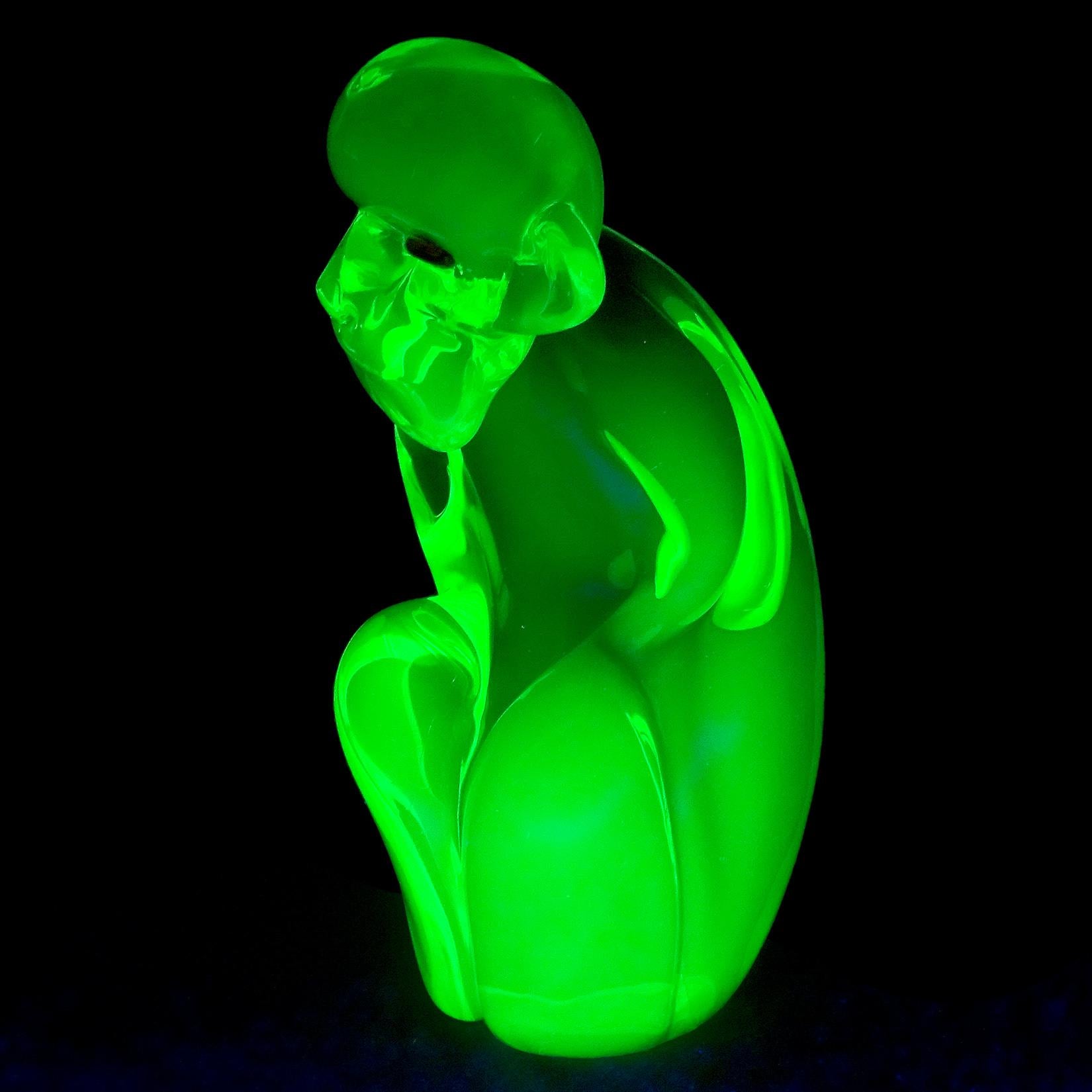 Hand-Crafted Salviati Murano Sommerso Uranium Green Blue Italian Art Glass Monkey Sculpture
