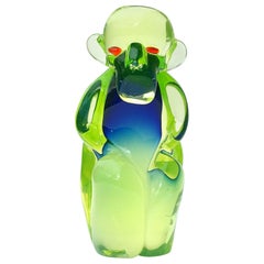 Vintage Salviati Murano Sommerso Uranium Green Blue Italian Art Glass Monkey Sculpture