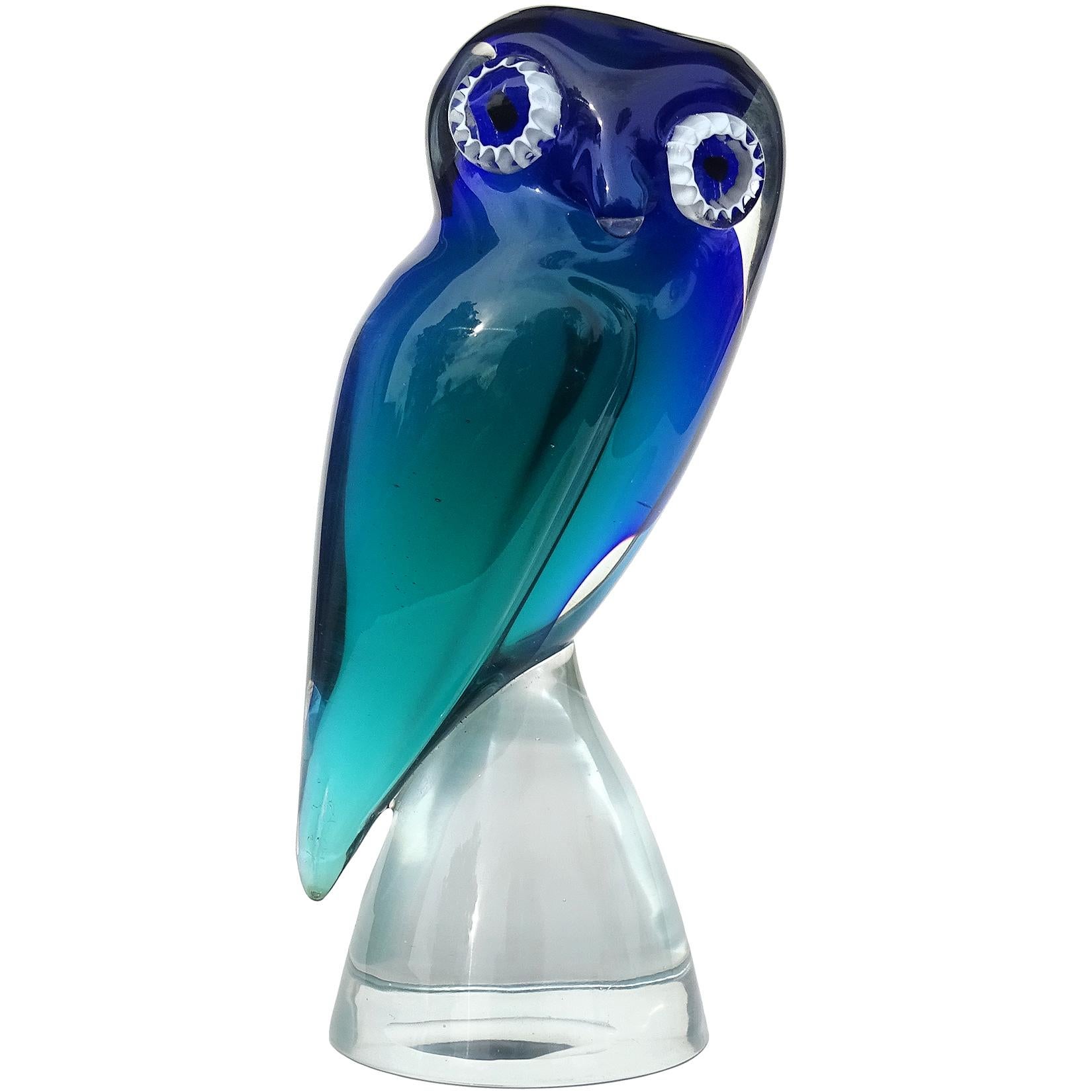 Salviati Murano Sommerso Uranium Green Italian Art Glass Owl Bird Sculpture 1