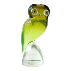 Vintage Salviati Murano Sommerso Uranium Green Italian Art Glass Owl Bird Sculpture