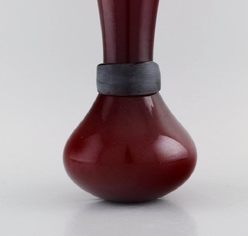 Italian Salviati, Murano. Vase in Red Mouth Blown Art Glass with Matt Black Ribbon