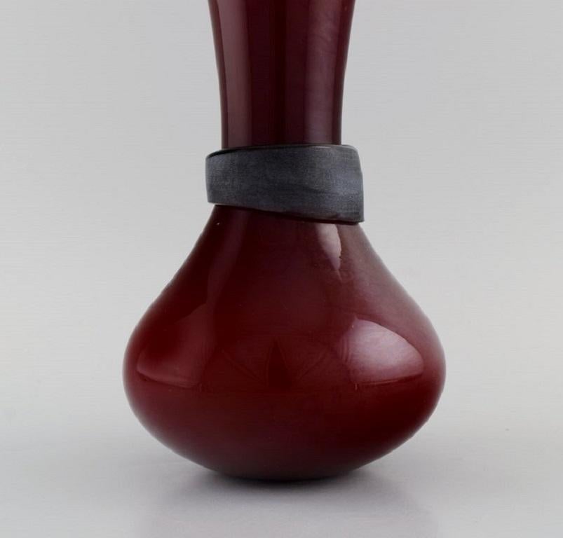 Contemporary Salviati, Murano. Vase in Red Mouth Blown Art Glass with Matt Black Ribbon