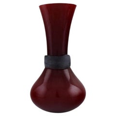 Salviati, Murano. Vase in Red Mouth Blown Art Glass with Matt Black Ribbon
