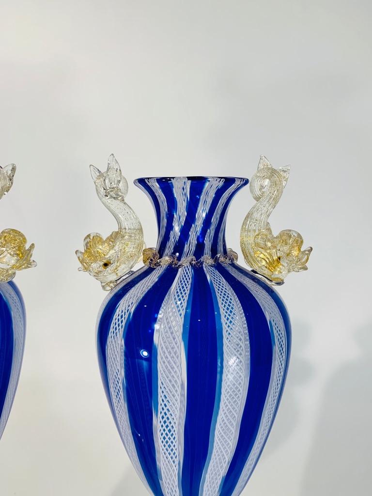 Mid-Century Modern Salviati Murano vase pair of vases circa 1950 with applied dolphins in gold. For Sale