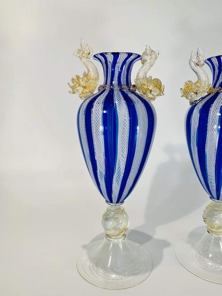 Other Salviati Murano vase pair of vases circa 1950 with applied dolphins in gold. For Sale