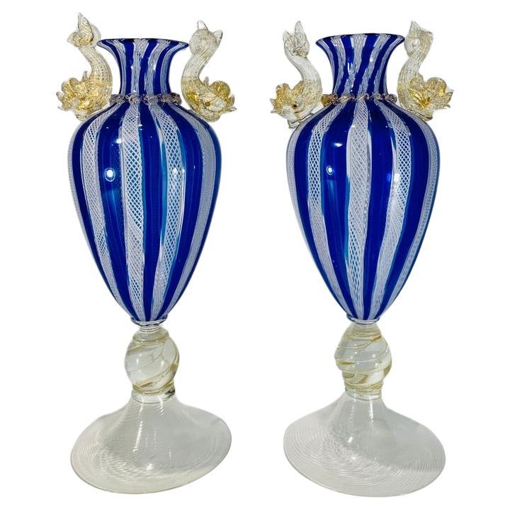 Salviati Murano vase pair of vases circa 1950 with applied dolphins in gold. For Sale