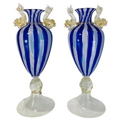 Large Salviati Murano vase pair of vases circa 1950 with applied dolphins.