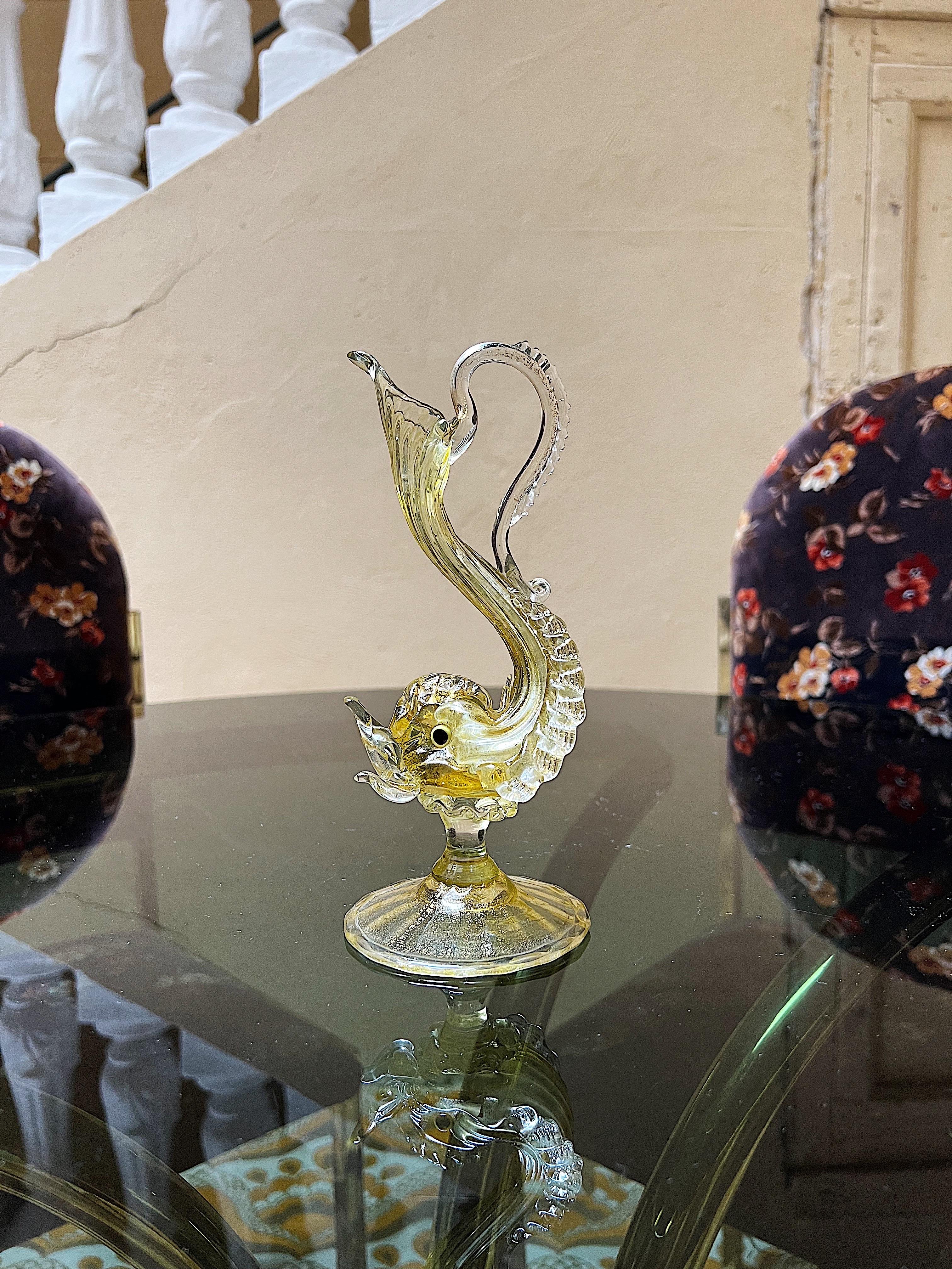 Hand-Crafted Salviati Murano Venetian Hand Blown Gold Dolphin Caraffe For Sale