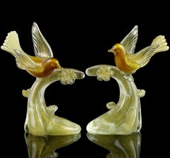 Salviati Murano White Amber Gold Italian Art Glass Birds Centerpiece Sculptures