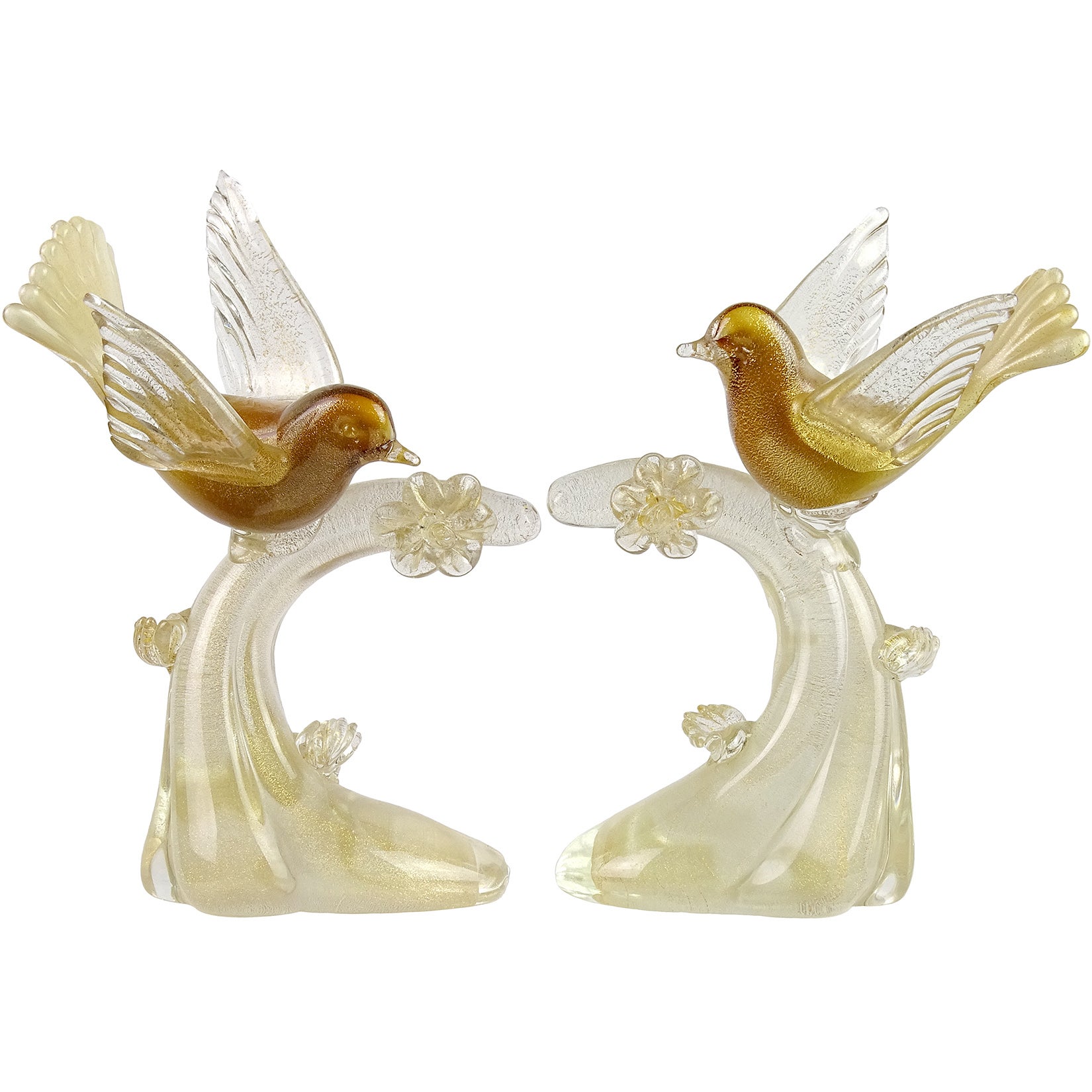 Salviati Murano White Amber Gold Italian Art Glass Birds Centerpiece Sculptures