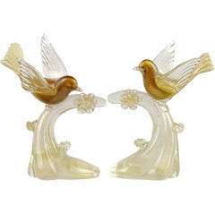 Oiseaux en verre de Murano blanc, ambre et or pour centre de table de Salviati