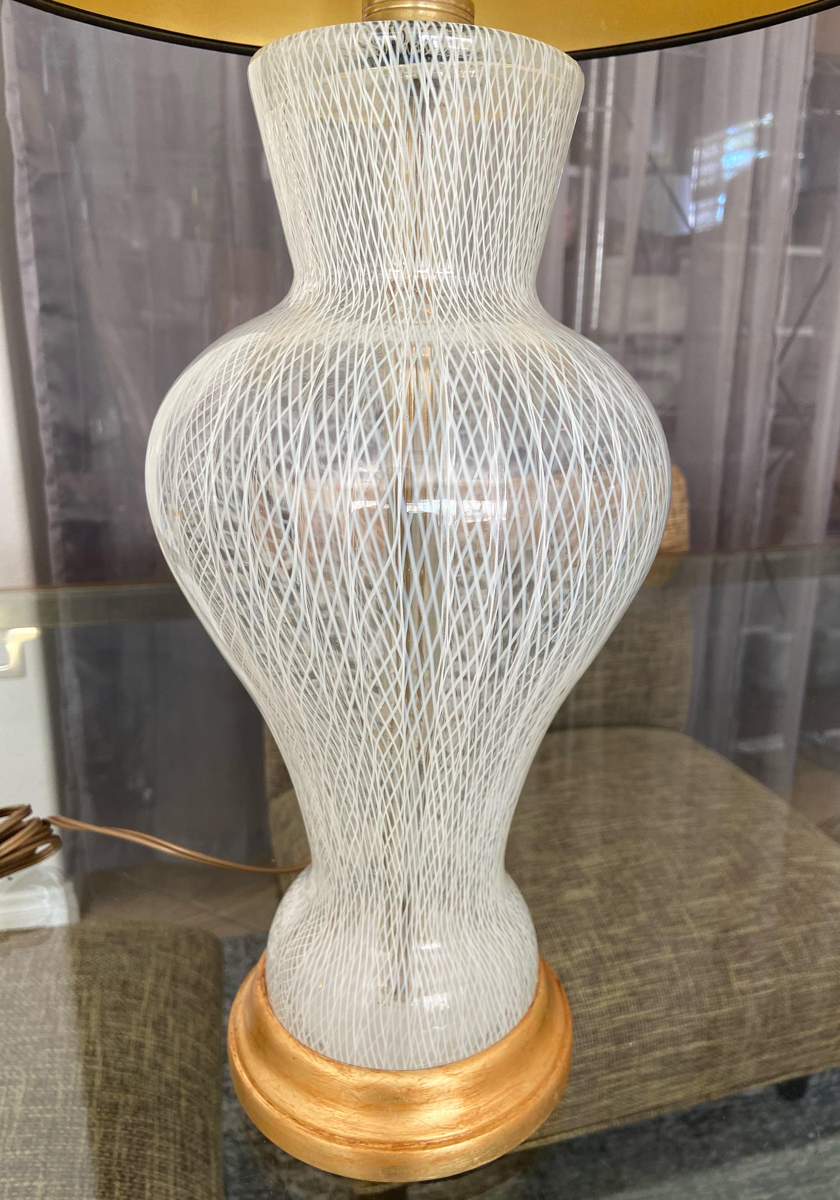 Brass Salviati Murano White Latticino Murano Glass Table Lamp For Sale
