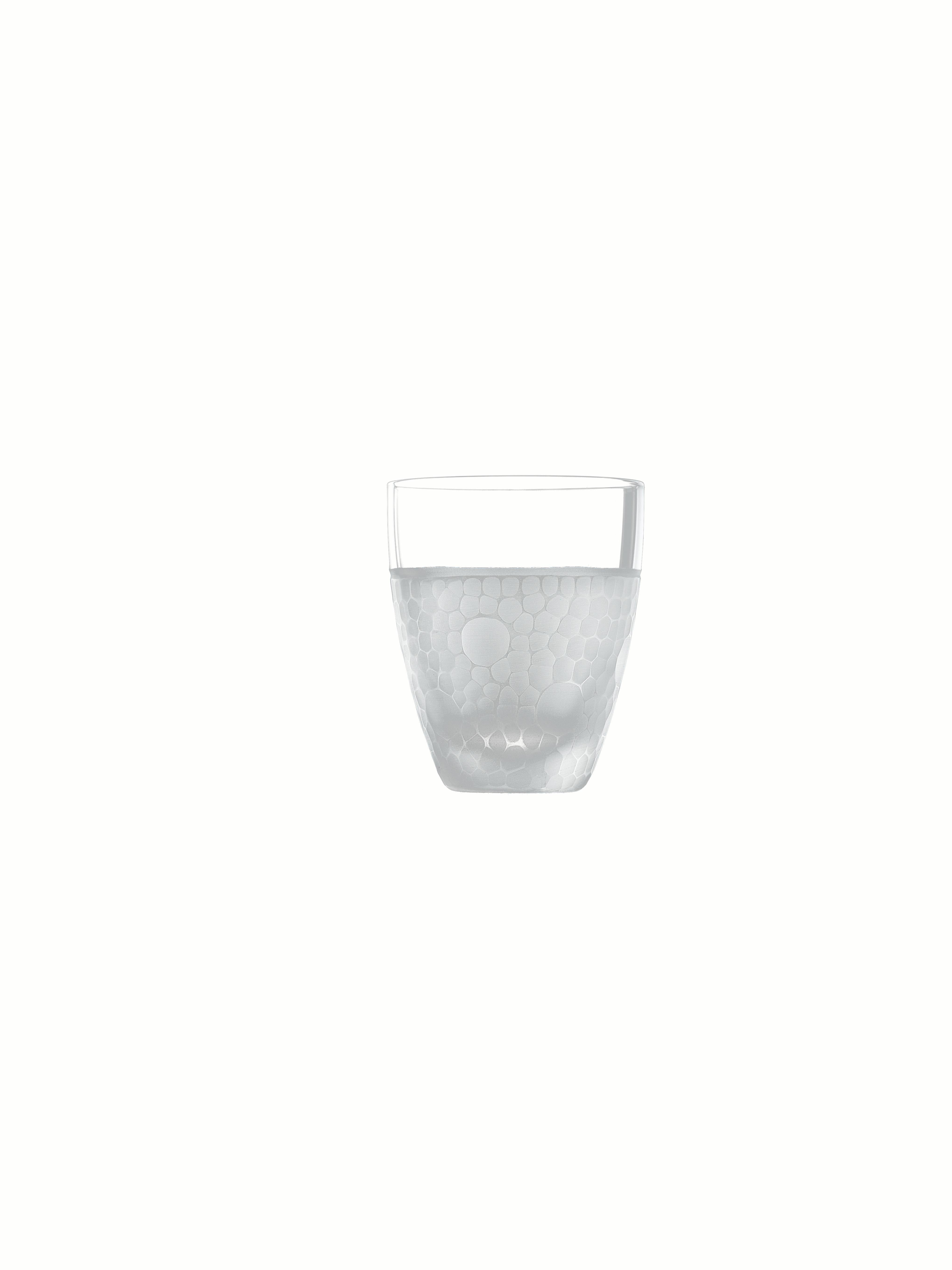 Every piece stands for its refined, contemporary style. Six different decorations, obtained by superficial grinding, vary from simple geometric patterns to elegant hammered effects.

Additional information:
Material: Glass
Dimensions: Ø 3.8 x