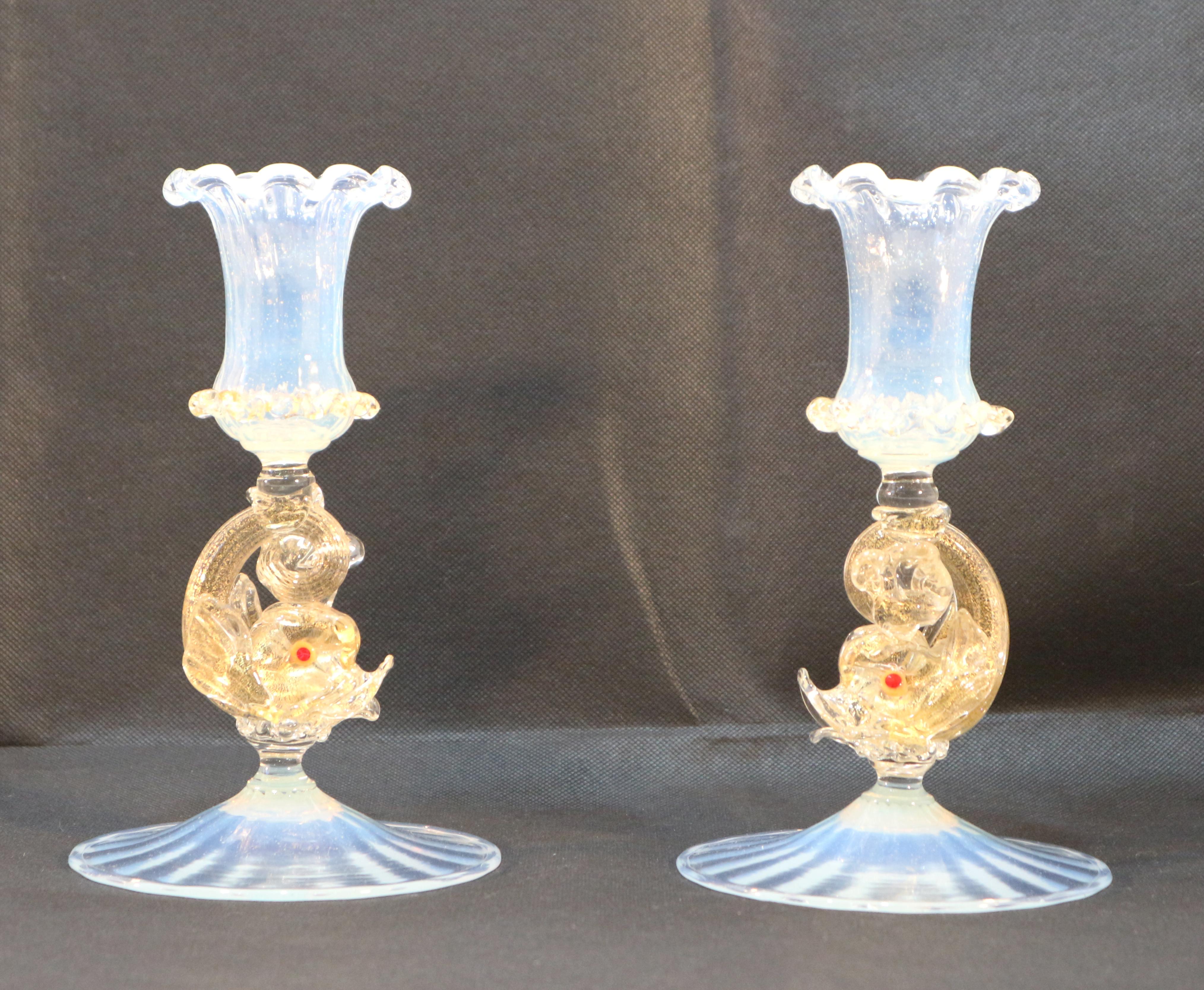 Rococo Revival Pair of early-20th gold opal venetian candlestick by A.Salviati
