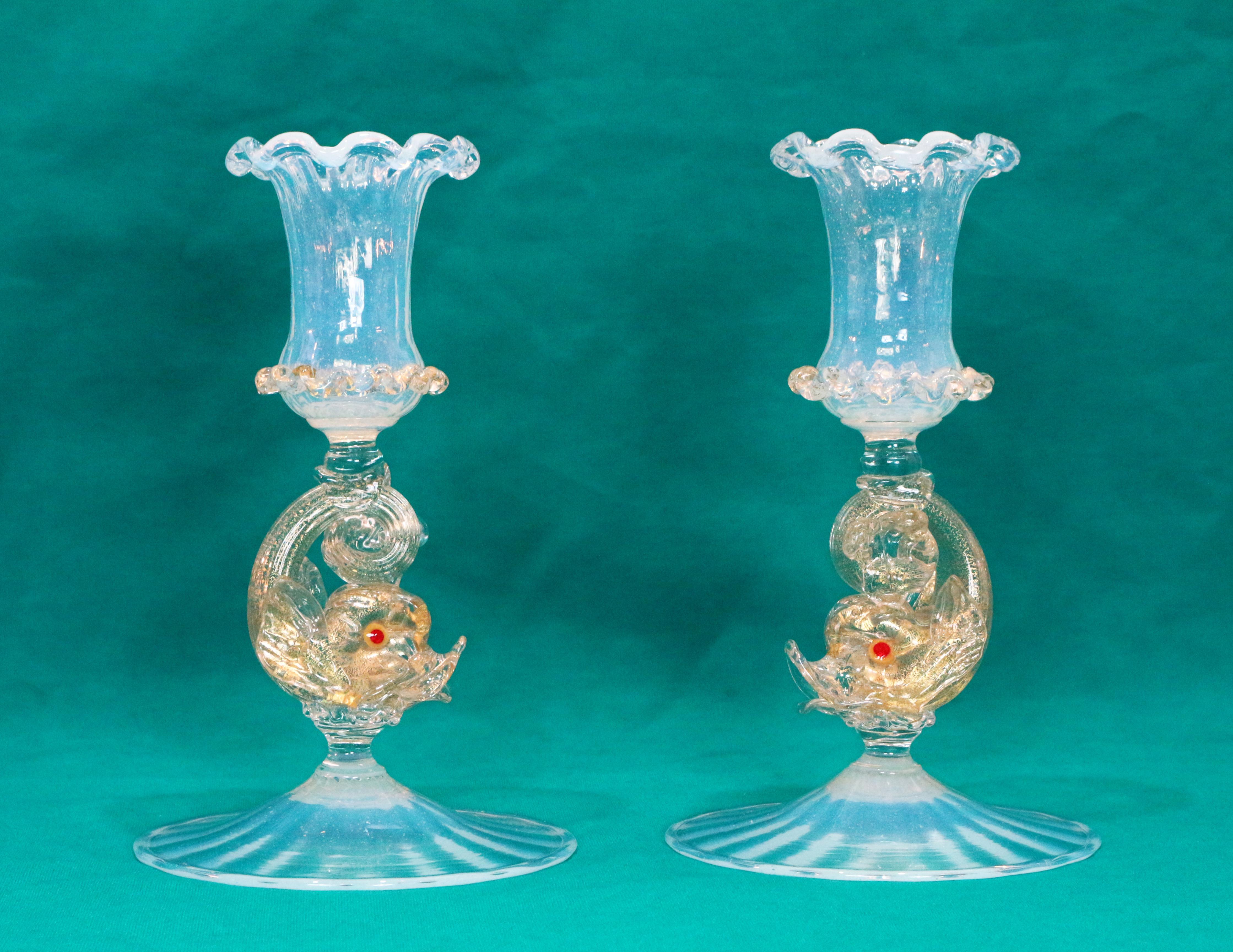 20th Century Pair of early-20th gold opal venetian candlestick by A.Salviati