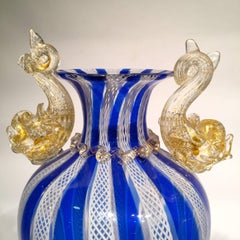 SALVIATI Pair of Murano Glass Dolphins Blue and White Vases, circa 1940