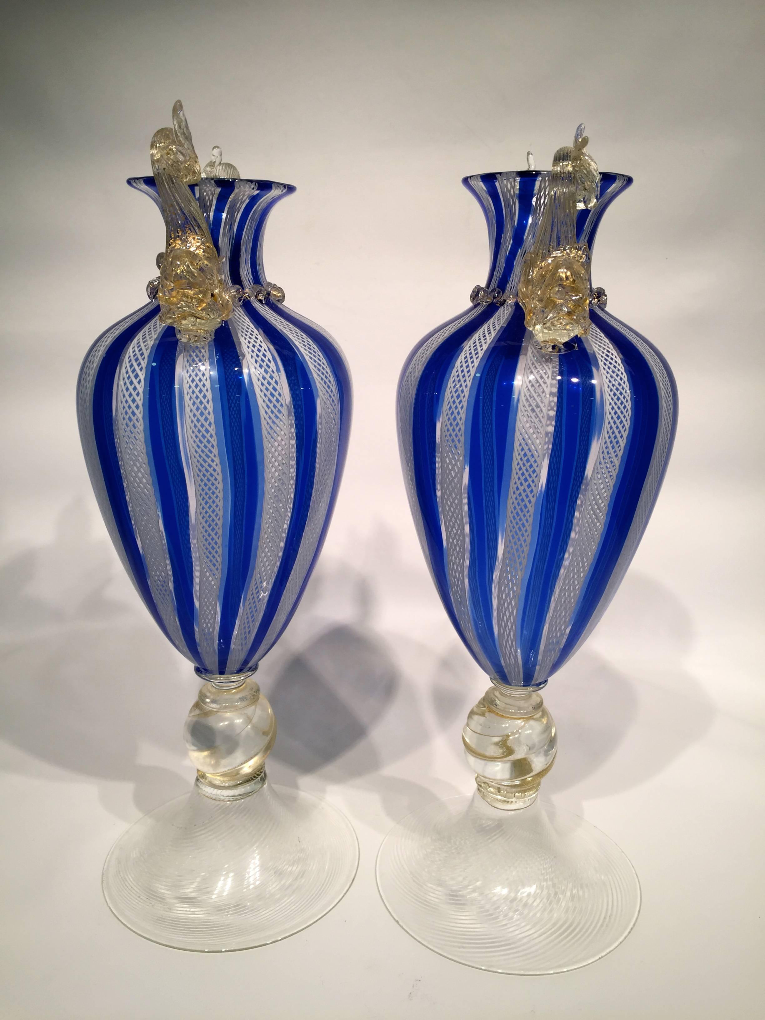 Italian SALVIATI Pair of Murano Glass Dolphins Blue and White Vases, circa 1940 For Sale