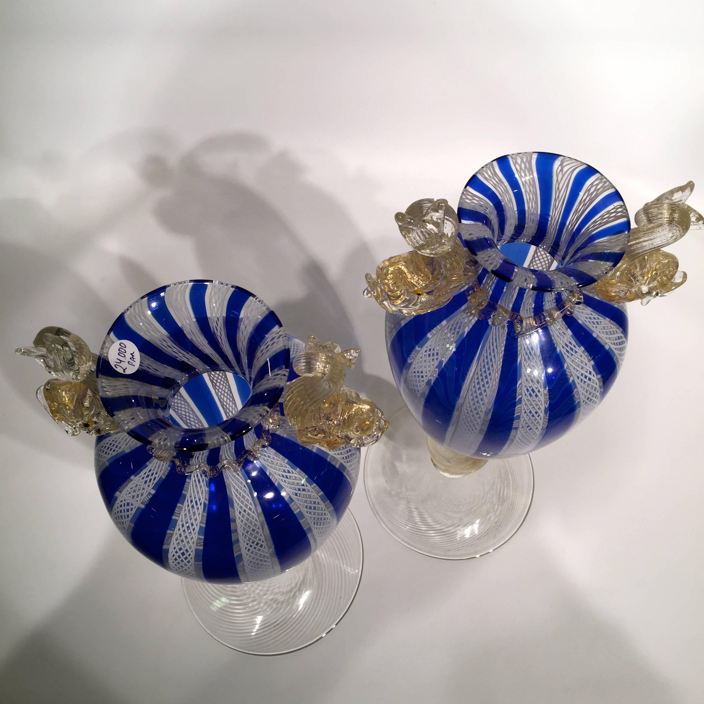 Mid-20th Century SALVIATI Pair of Murano Glass Dolphins Blue and White Vases, circa 1940 For Sale