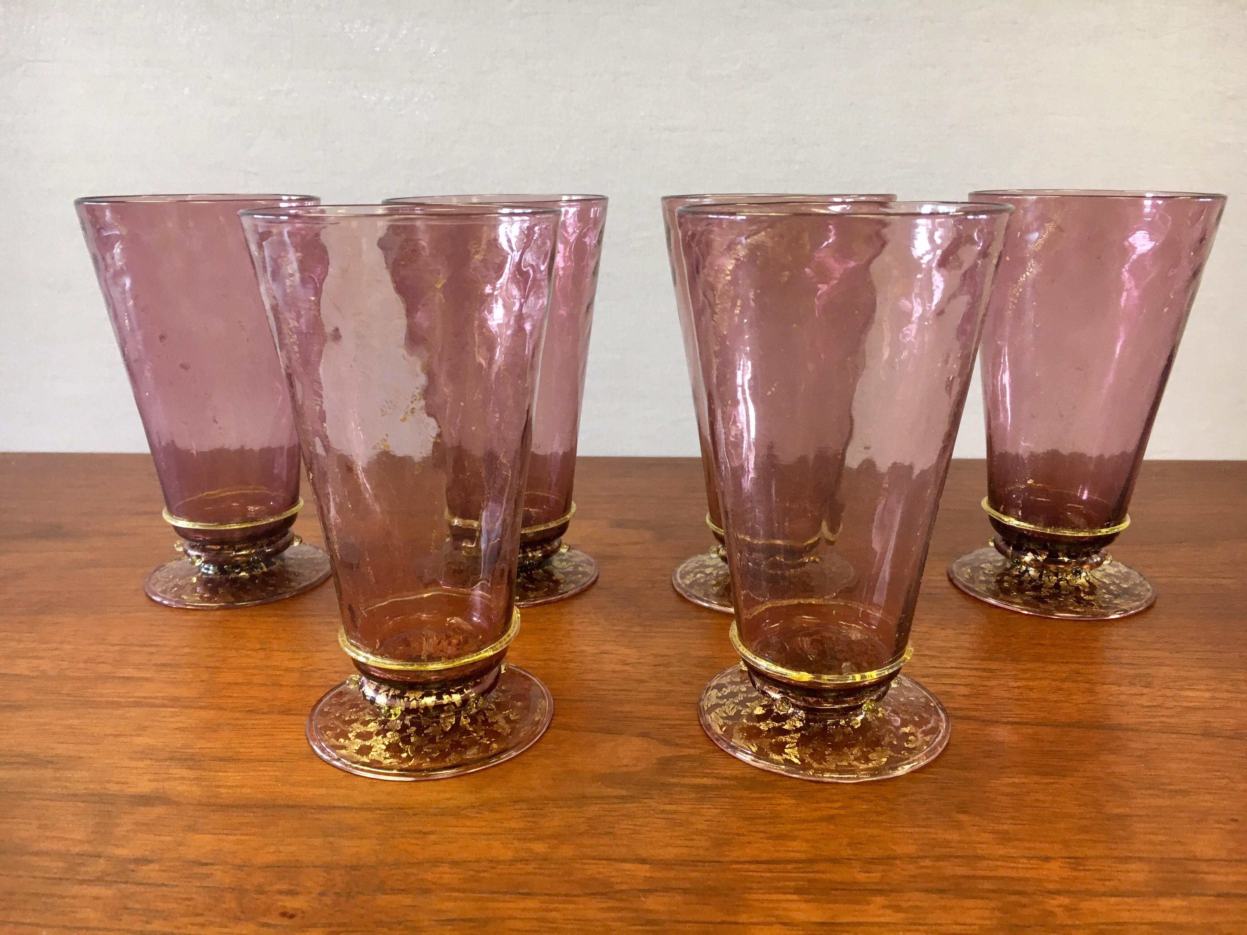 Set of six hand blown Venetian water glasses by Salviati, circa 1920s.The color is soft purple or amethyst with gold leaf which works great with pastel palette.