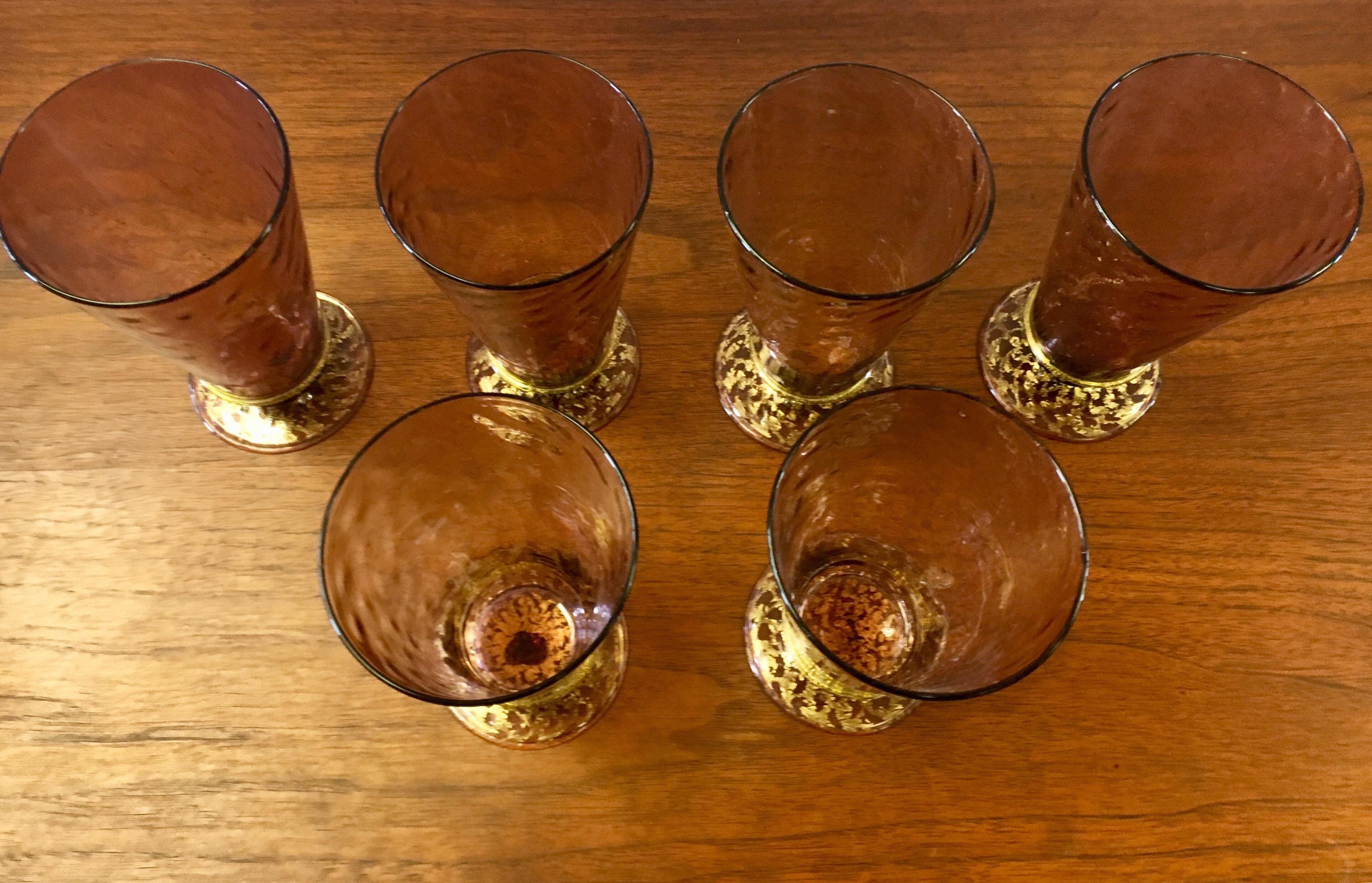 Italian Salviati Set Six Hand Blown Venetian Murano Glass Water Goblets Glasses, Italy
