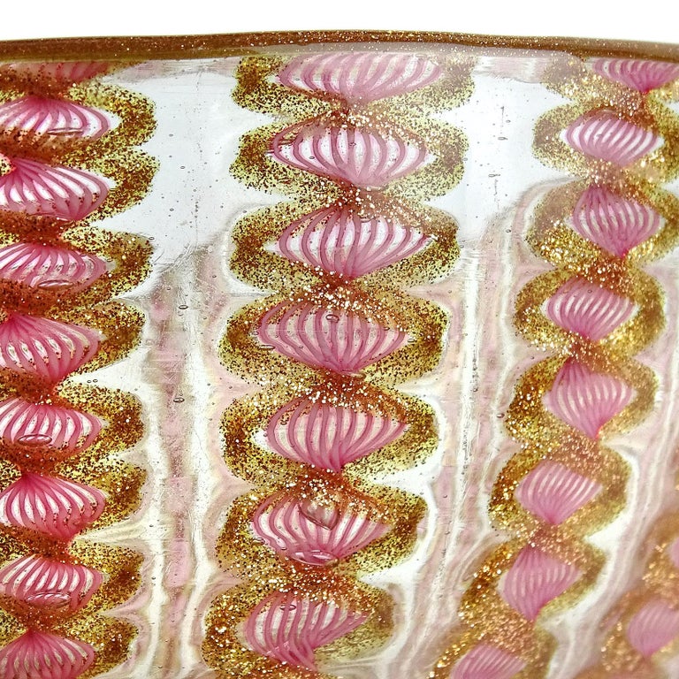 Victorian Salviati Venetian Antique Pink Ribbons Aventurine Italian Art Glass Dish Bowl For Sale