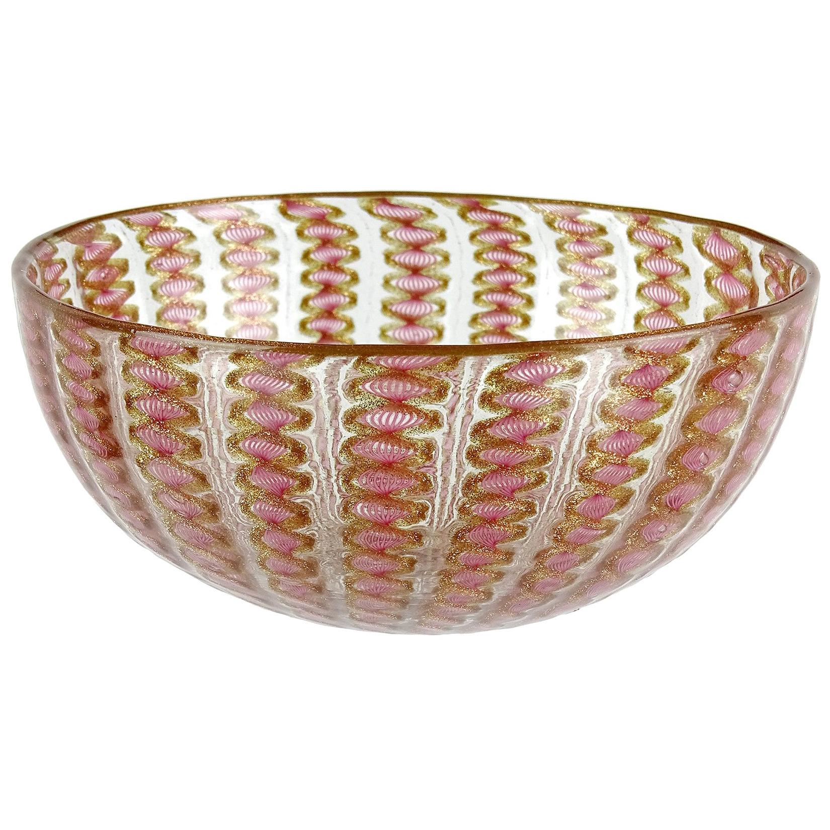 Salviati Venetian Antique Pink Ribbons Aventurine Italian Art Glass Dish Bowl For Sale