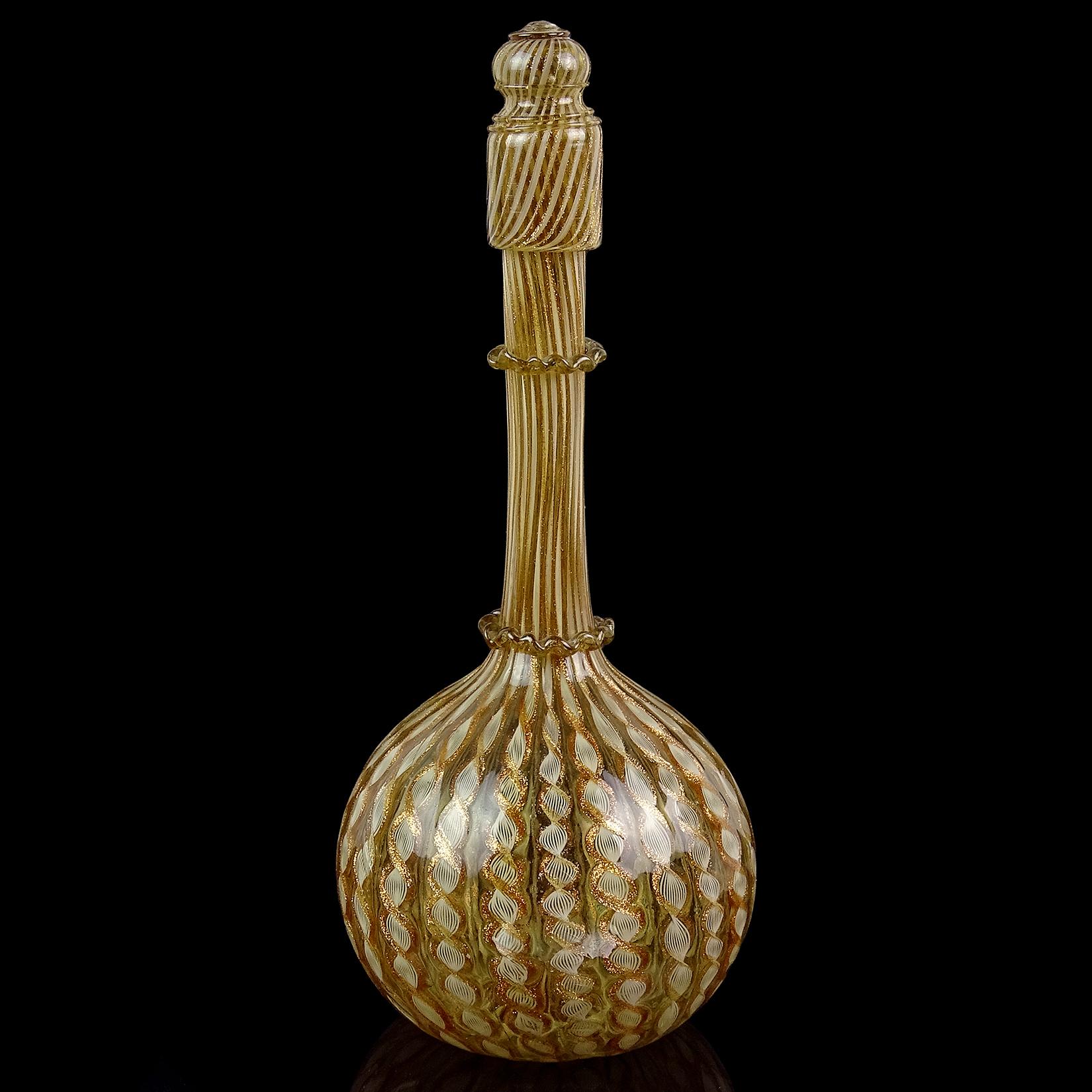 Beautiful antique Venetian hand blown copper aventurine and twisted white ribbons Italian art glass decanter with shot glass stopper. Documented to Salviati dot. Antonio circa 1872-1895. Created in the 