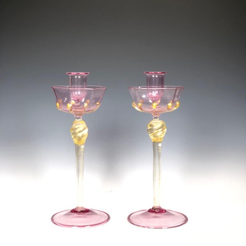 Salviati Venetian Complete Table Service for 12 Handblown Pink and Gold Goblets 6