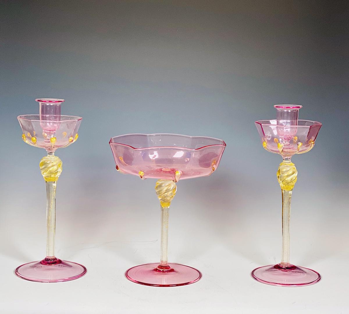Salviati Venetian Complete Table Service for 12 Handblown Pink and Gold Goblets 7