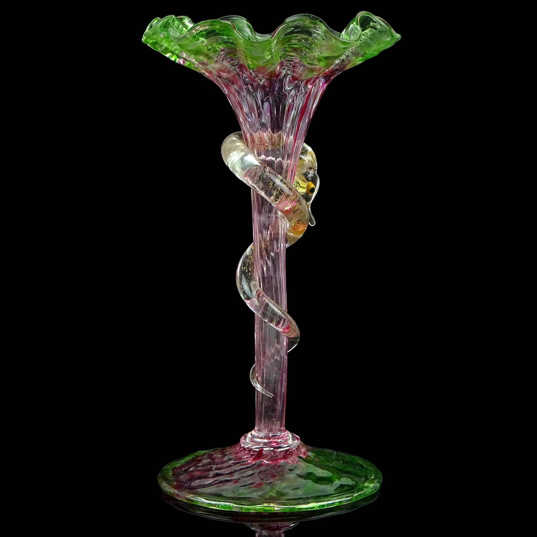 Beautiful and rare, antique Murano Venetian green and dark pink spots Italian art glass flower vase with applied gold flecks serpent. Documented to the Salviati company, circa 1875-1900. Elegant and delicate piece with ruffle crimped rim. The body