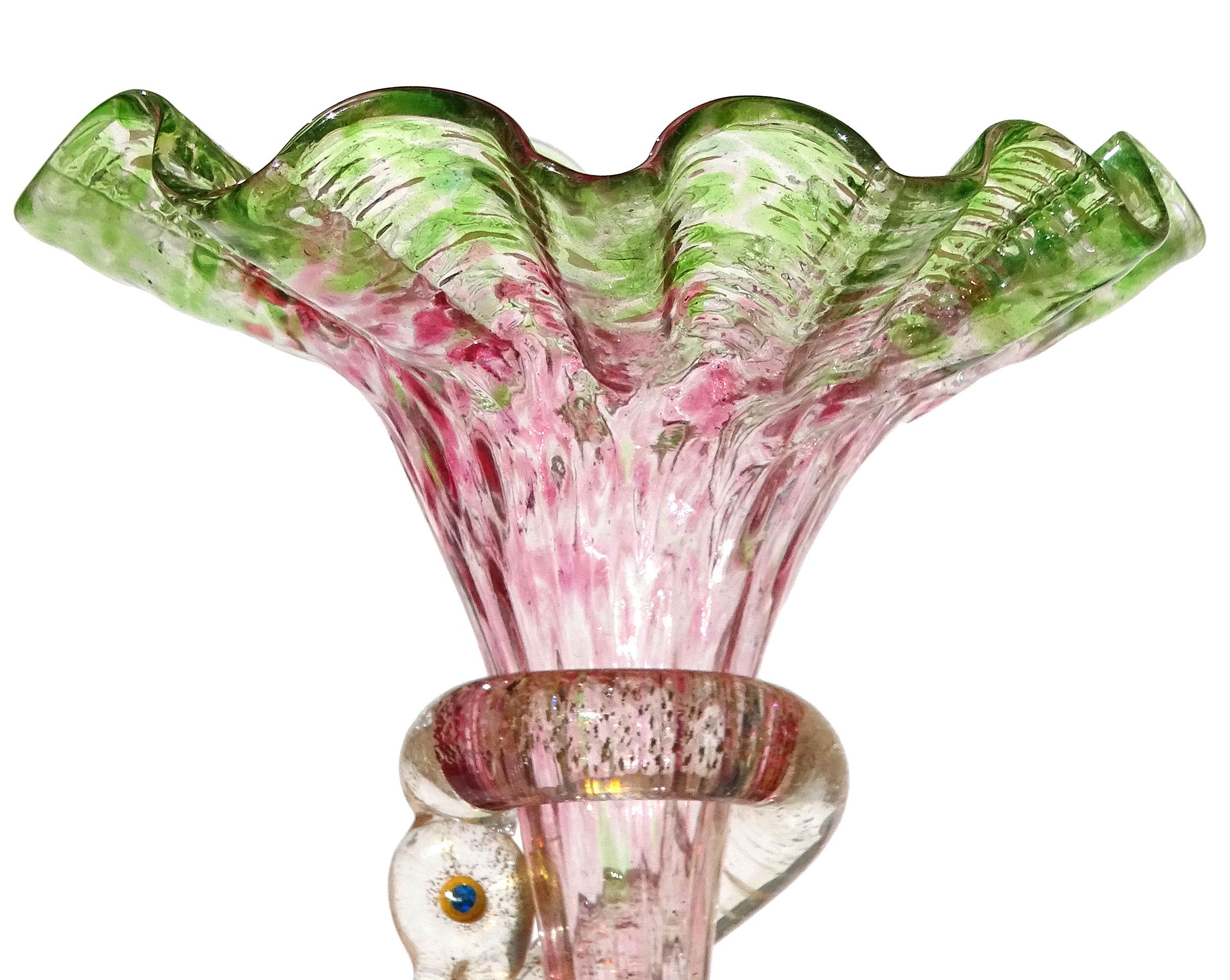 Late Victorian Salviati Venetian Dark Pink Green Gold Flecks Serpent Italian Art Glass Vase For Sale
