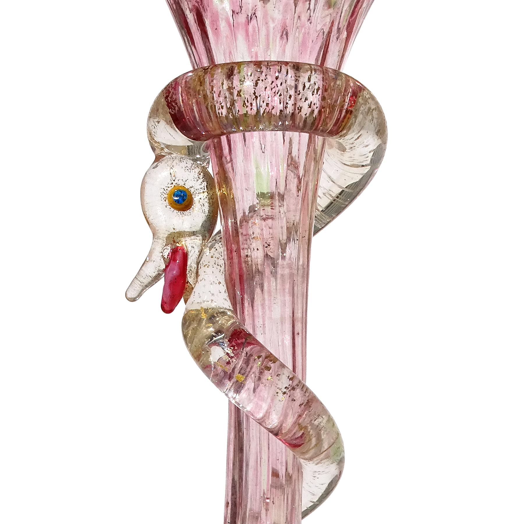Hand-Crafted Salviati Venetian Dark Pink Green Gold Flecks Serpent Italian Art Glass Vase For Sale