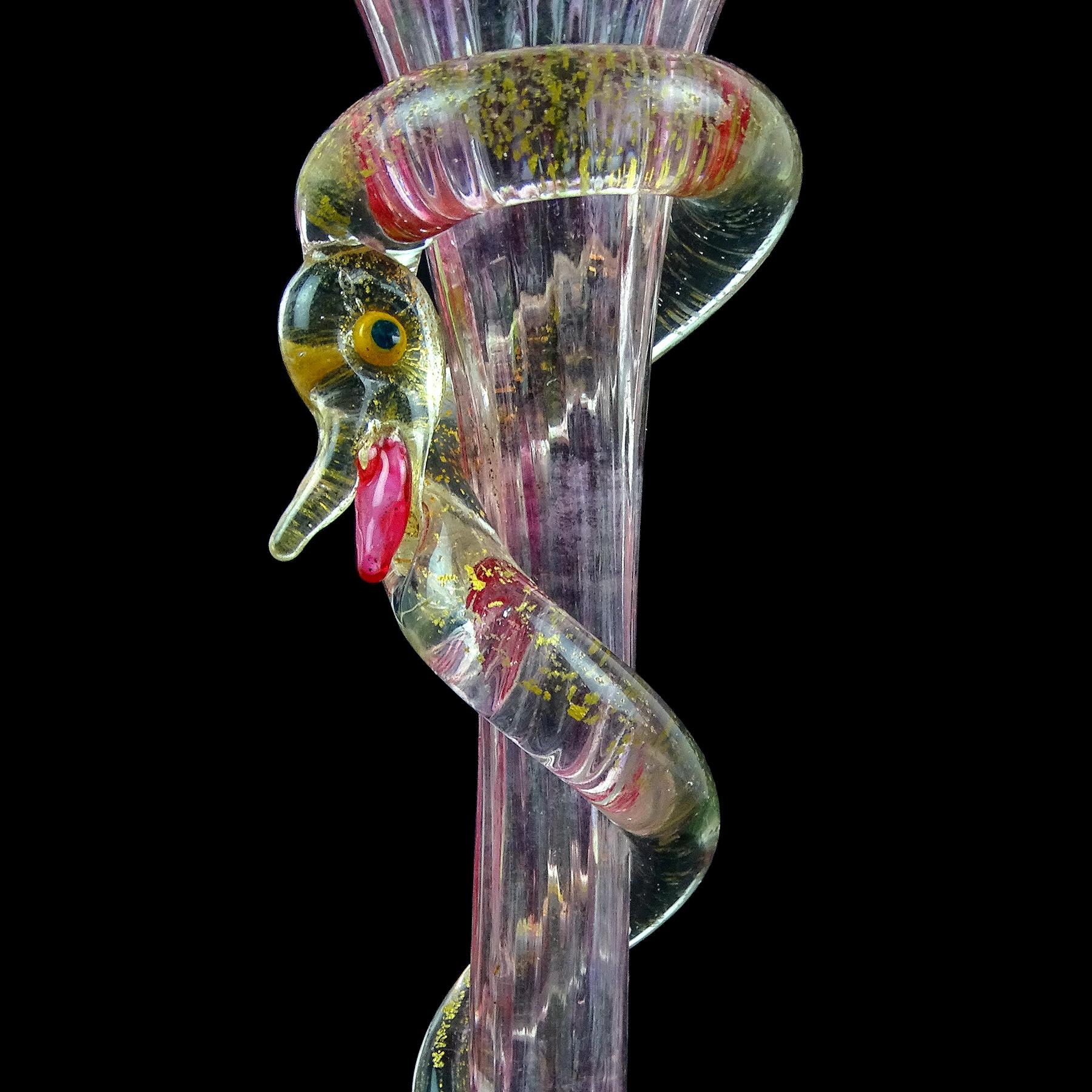 Salviati Venetian Dark Pink Green Gold Flecks Serpent Italian Art Glass Vase In Good Condition For Sale In Kissimmee, FL