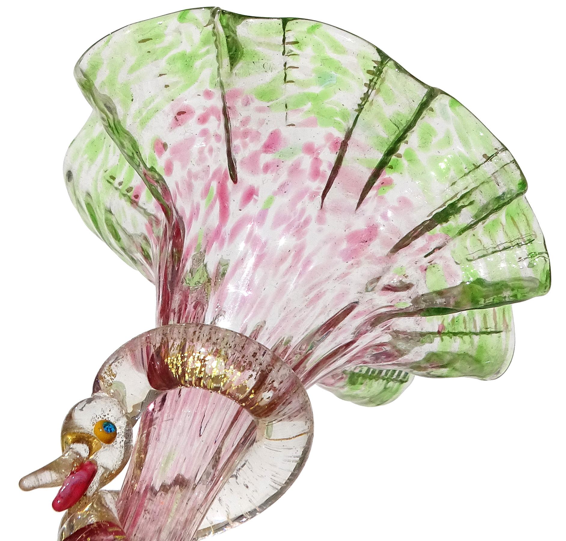 19th Century Salviati Venetian Dark Pink Green Gold Flecks Serpent Italian Art Glass Vase For Sale
