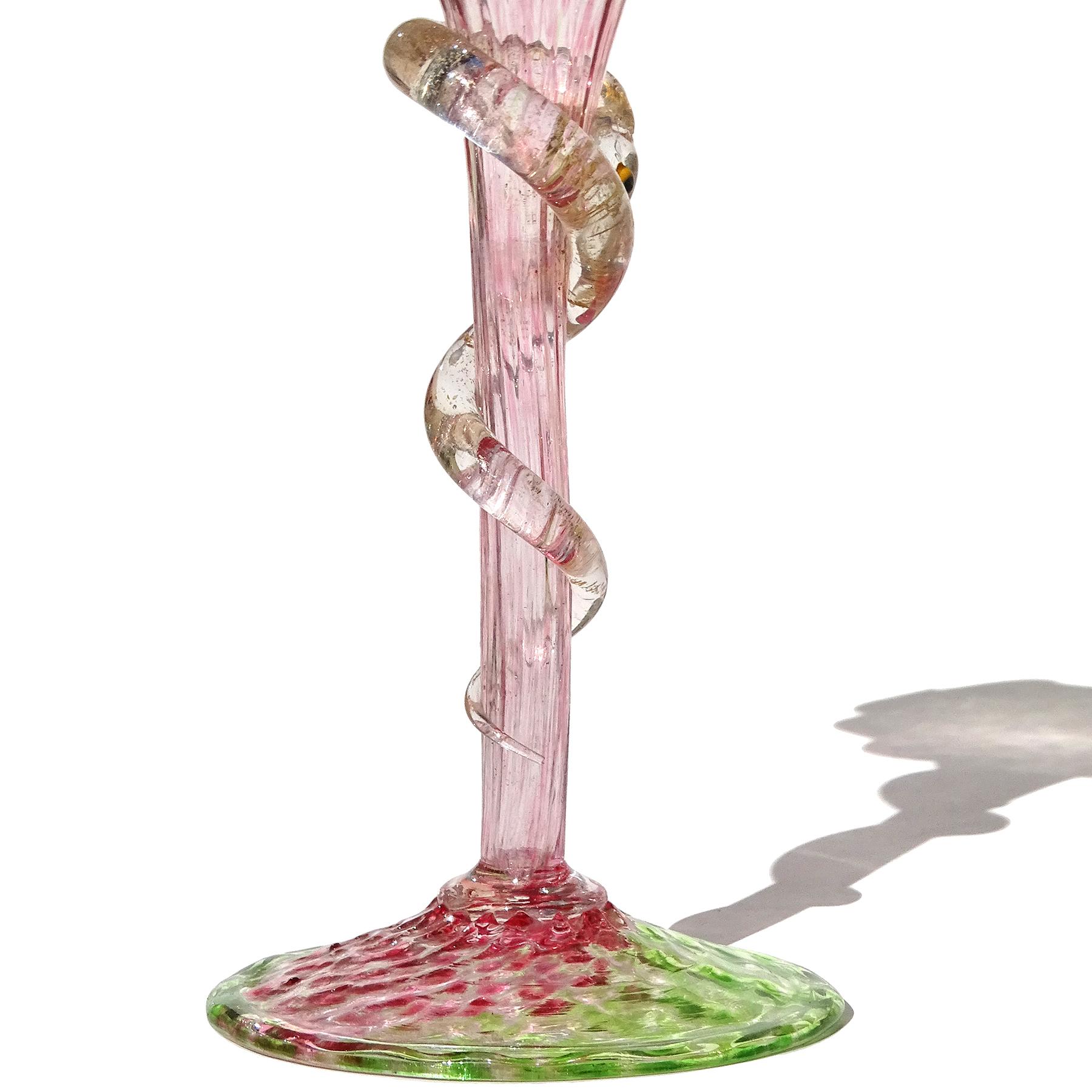 Salviati Venetian Dark Pink Green Gold Flecks Serpent Italian Art Glass Vase For Sale 1