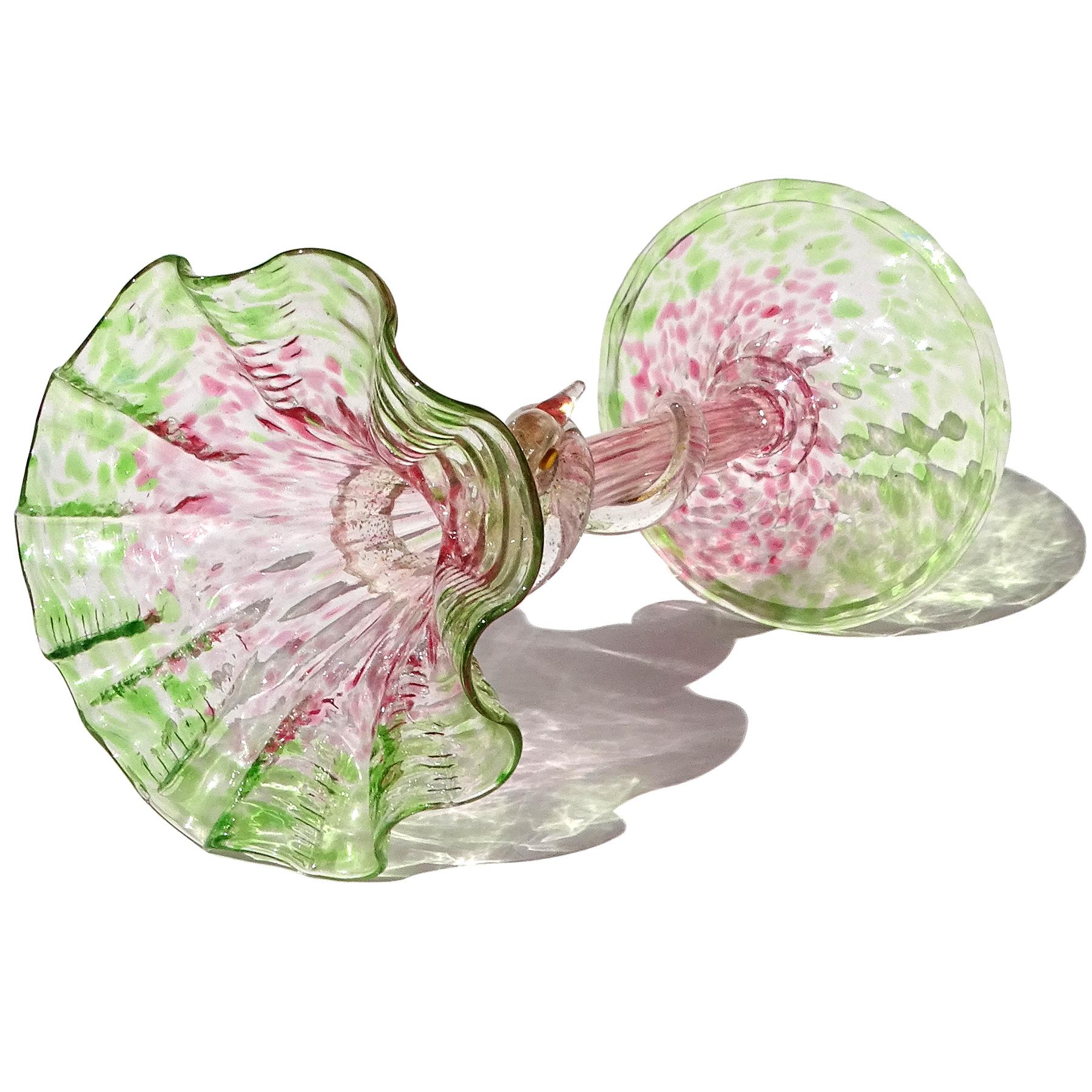 Salviati Venetian Dark Pink Green Gold Flecks Serpent Italian Art Glass Vase For Sale 2