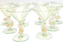 Salviati Venetian Green and Gold Fleck Dolphin Wine Goblets