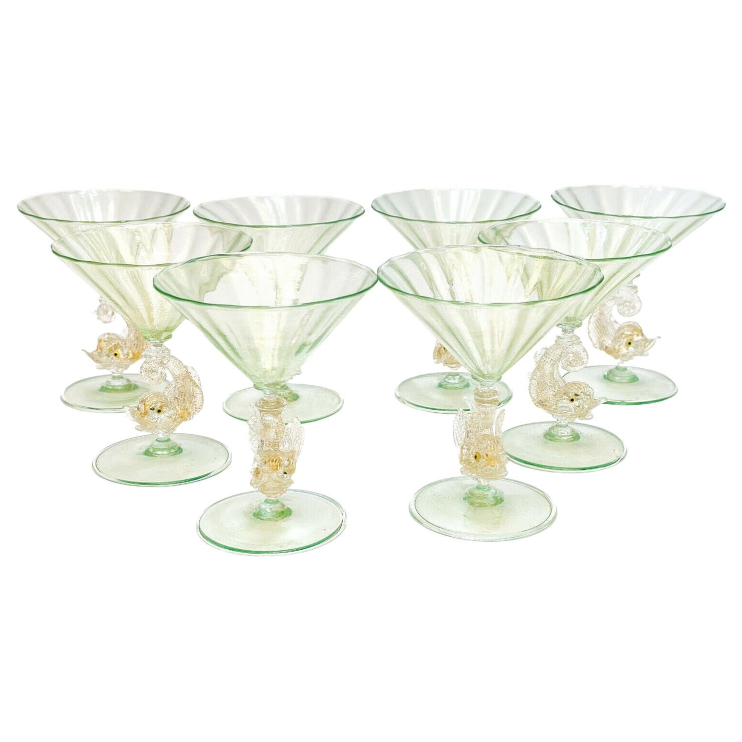 Salviati Venetian Green and Gold Fleck Dolphin Wine Goblets For Sale