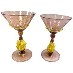 Salviati Venetian Hand Blown Glasses Murano Stemware Italy Amethyst with Swans
